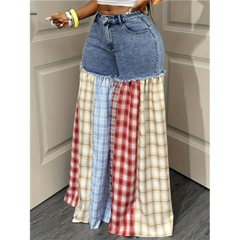 Women's Summer Casual Wide Leg Jeans Plaid Stitching Loose Fit - Thumbnail 2