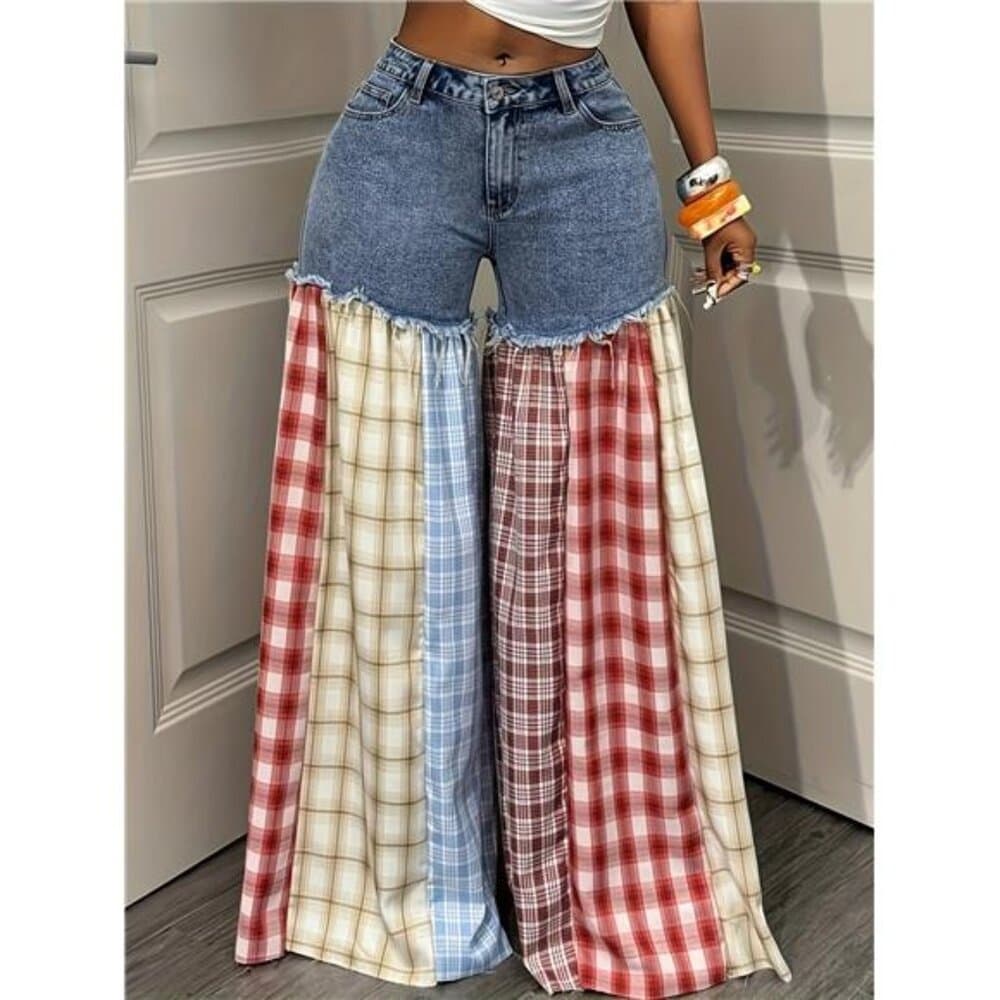 Women's Summer Casual Wide Leg Jeans Plaid Stitching Loose Fit - Thumbnail 5