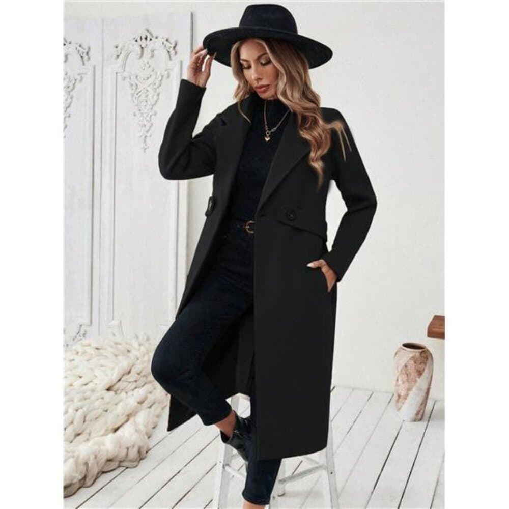Flat Collar Solid Color Pocket With Belt Long Sleeve Autumn/Winter Coat - Thumbnail 4