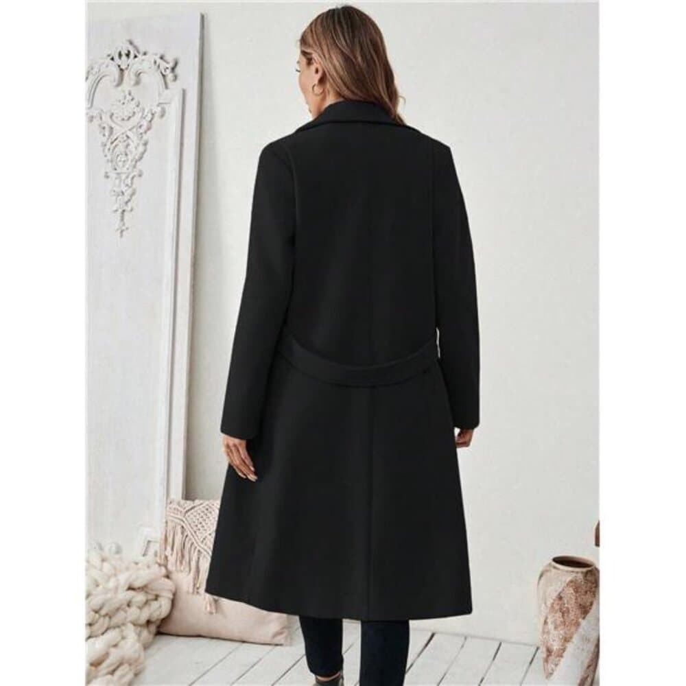 Flat Collar Solid Color Pocket With Belt Long Sleeve Autumn/Winter Coat - Thumbnail 2