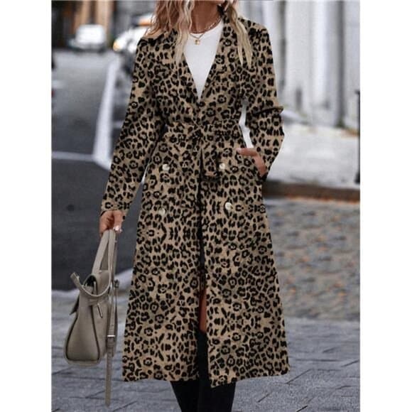 EMERY ROSE Casual Autumn Cinched Waist Leopard Print Trench Coat For Outdoor - Thumbnail 7