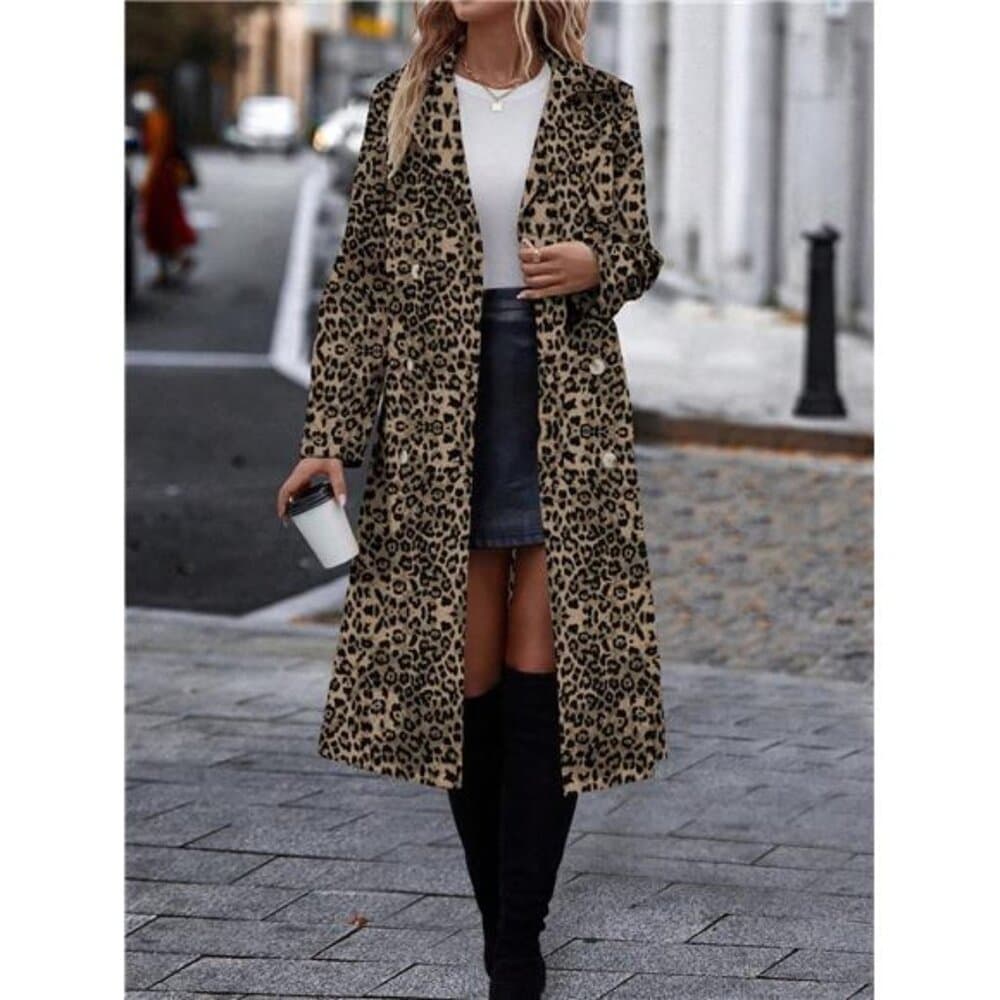 EMERY ROSE Casual Autumn Cinched Waist Leopard Print Trench Coat For Outdoor - Thumbnail 4