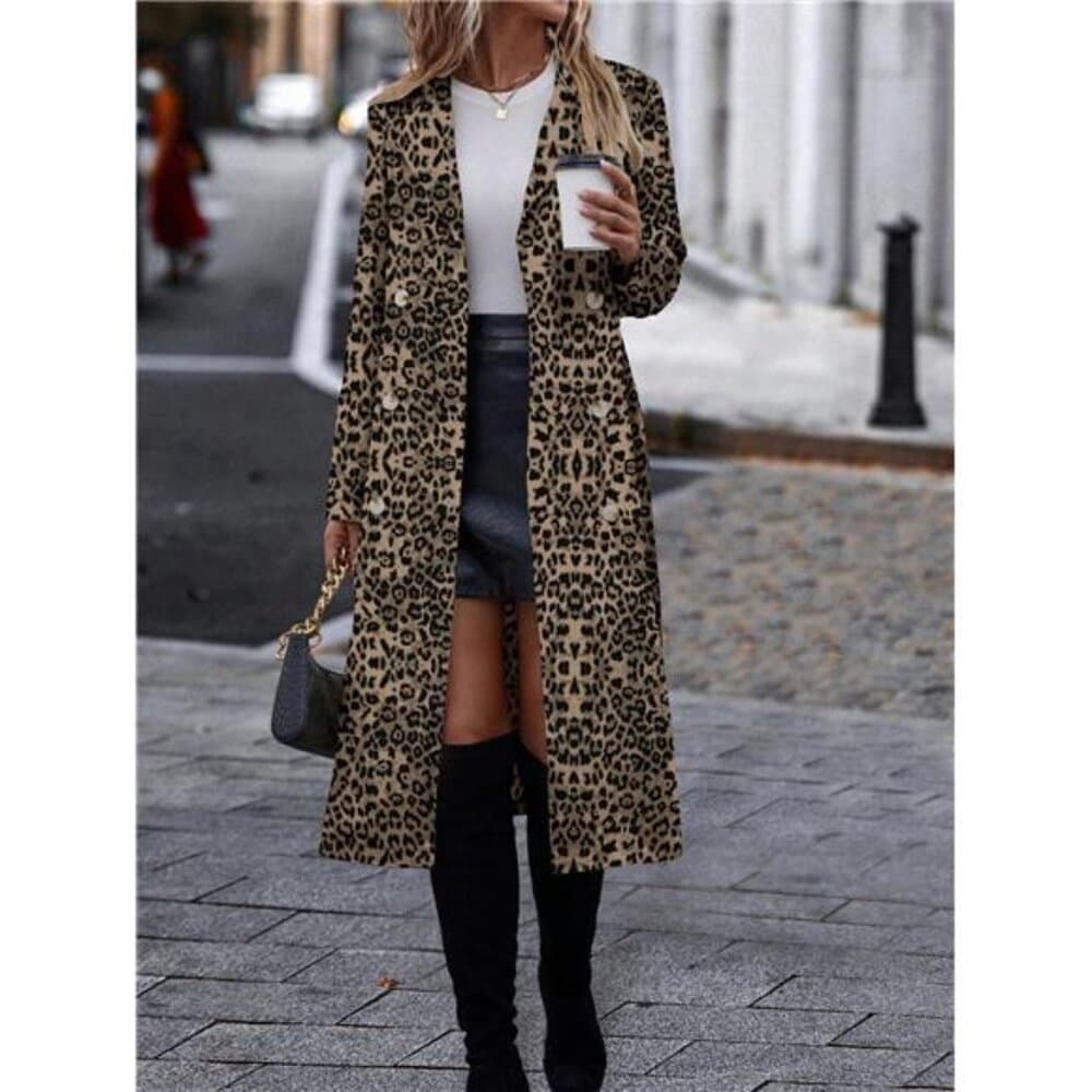 EMERY ROSE Casual Autumn Cinched Waist Leopard Print Trench Coat For Outdoor - Thumbnail 3