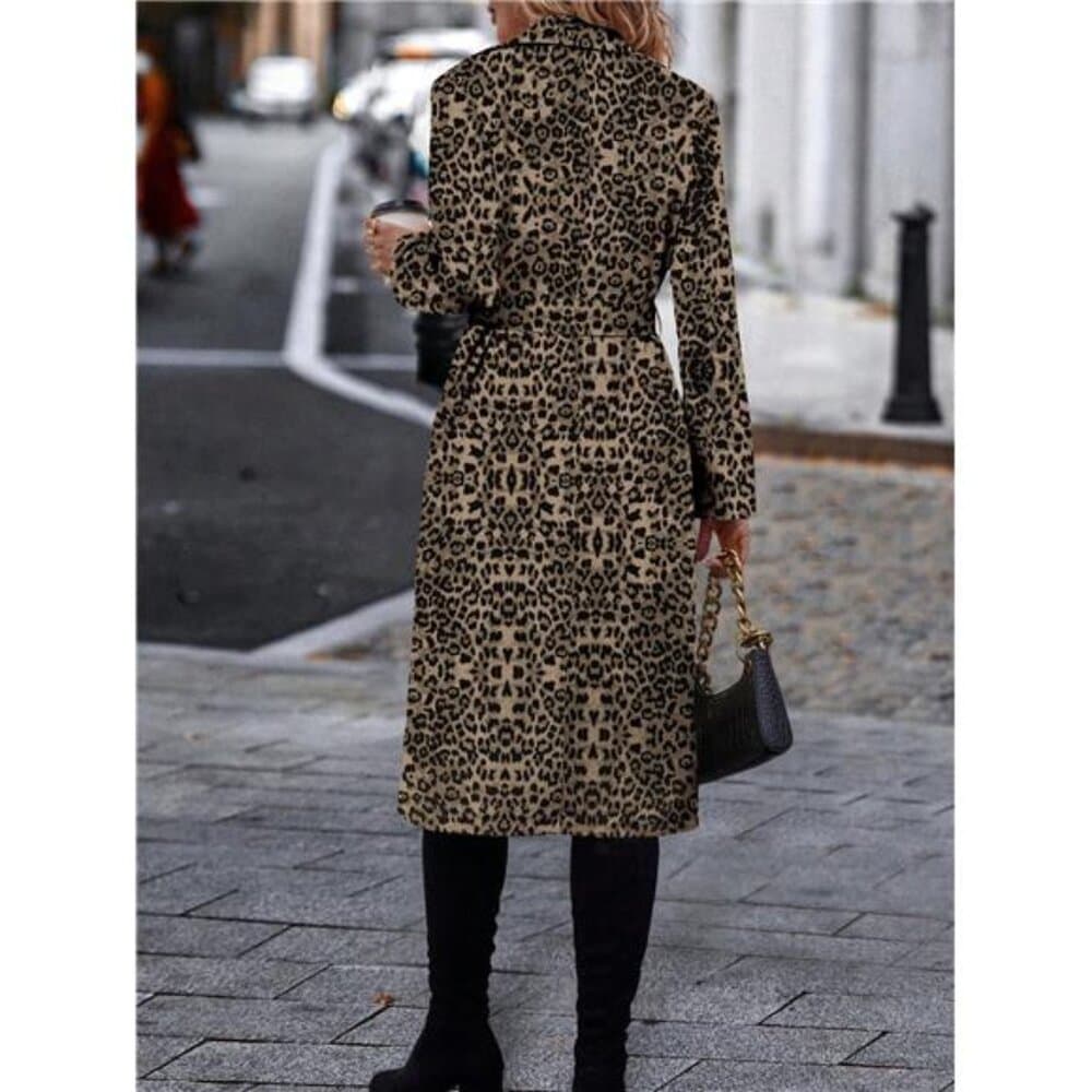 EMERY ROSE Casual Autumn Cinched Waist Leopard Print Trench Coat For Outdoor