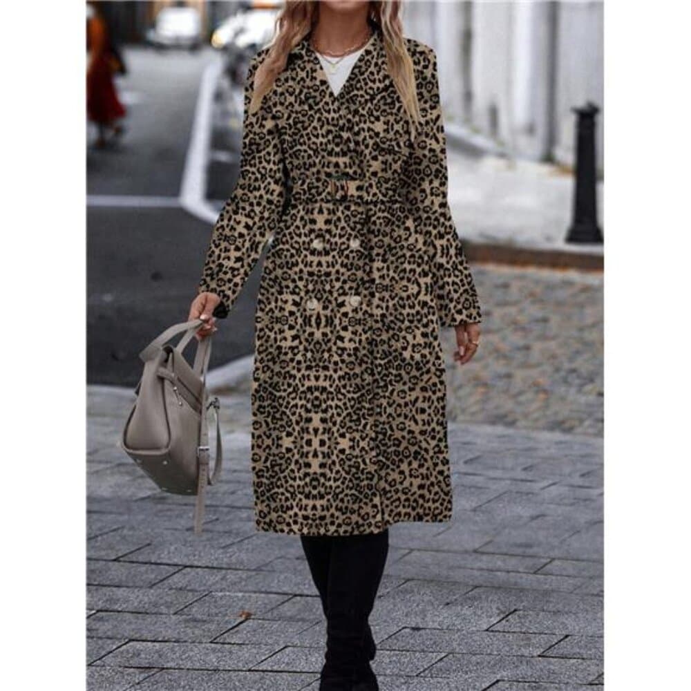 EMERY ROSE Casual Autumn Cinched Waist Leopard Print Trench Coat For Outdoor - Thumbnail 5