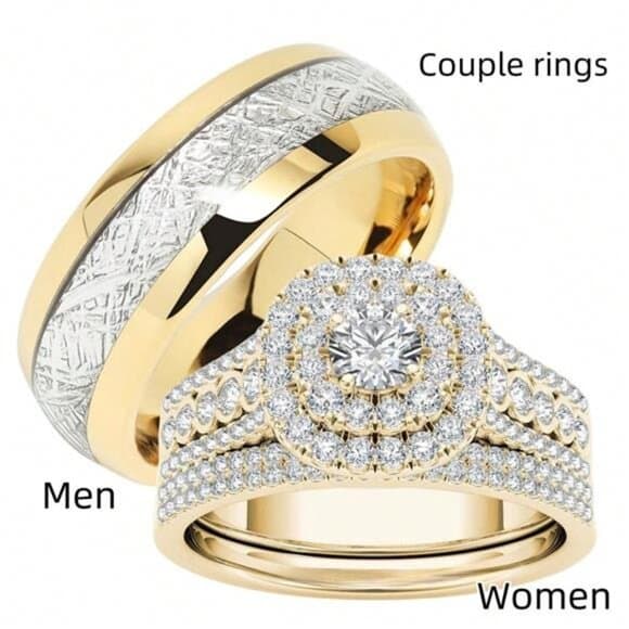 Men's Stainless Steel Ring & 2pcs Women's Fully Paved Shiny Cubic Zirconia - Thumbnail 13
