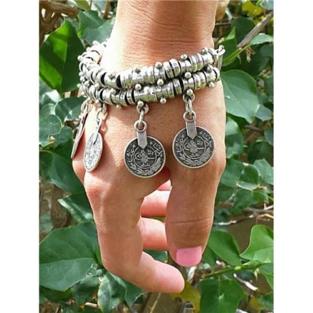 Vintage Boho Style Coin Tassel Pendant Chain Bracelet Minimalist Hand Chain - Thumbnail 2