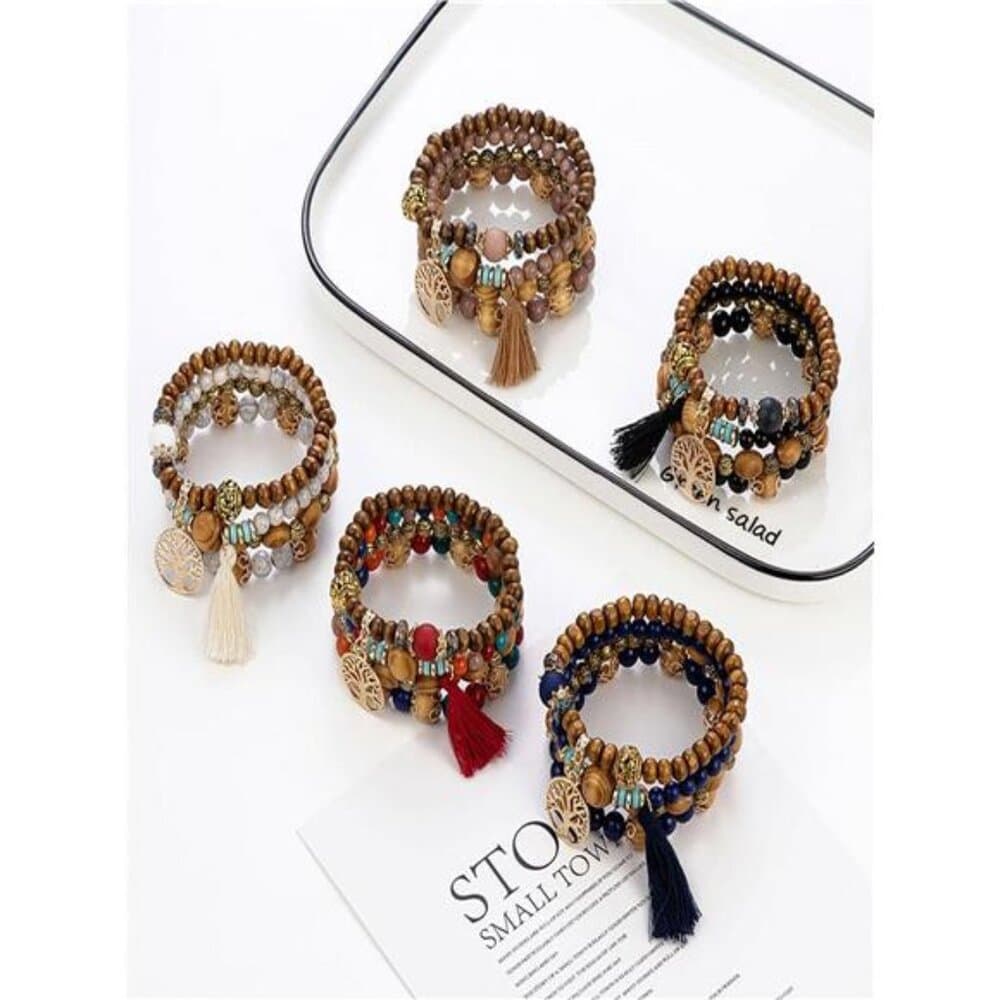 Bohemian Tassel & Hollow Out Tree Decor Beaded Bracelet For Women For Gift
