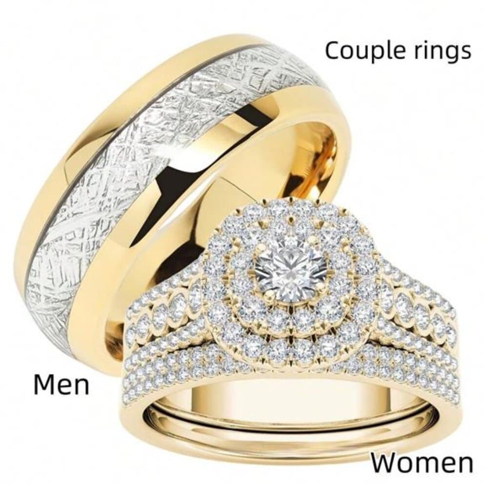 Men's Stainless Steel Ring & 2pcs Women's Fully Paved Shiny Cubic Zirconia - Thumbnail 12