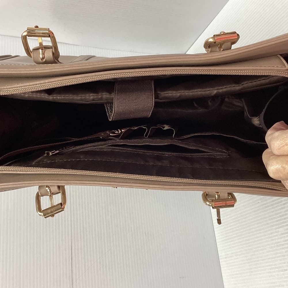 This is a Lucasech beige faux leather tote/laptop bag featuring an adjustable st - Thumbnail 2