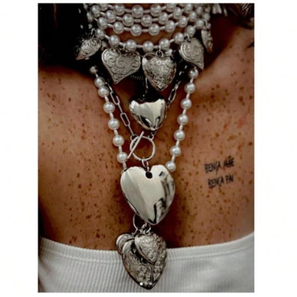 Ladies Multilayer Retro Boho Necklace, Elegant Pearlescent Heart Shaped Metal