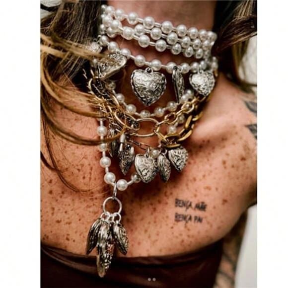 Ladies Multilayer Retro Boho Necklace, Elegant Pearlescent Heart Shaped Metal - Thumbnail 10