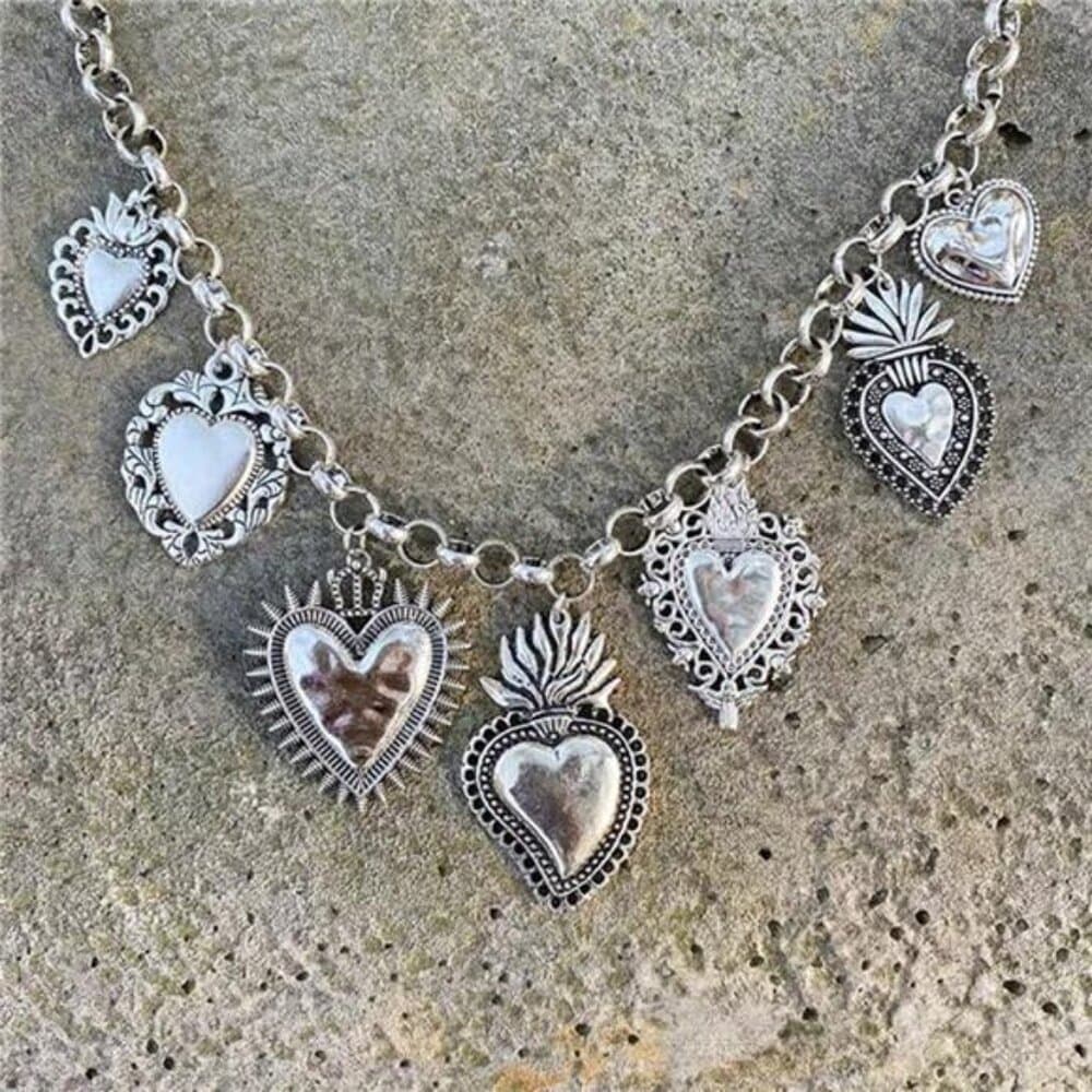 Ladies Multilayer Retro Boho Necklace, Elegant Pearlescent Heart Shaped Metal - Thumbnail 3