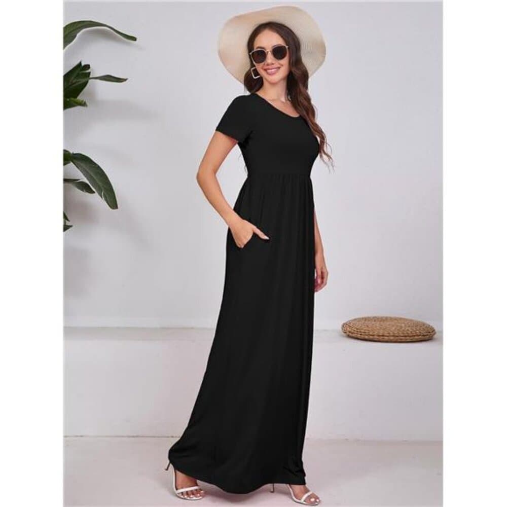 Maxi Dress for Women Short Sleeve Casual Summer Loose Plain Comfy Long - Thumbnail 5