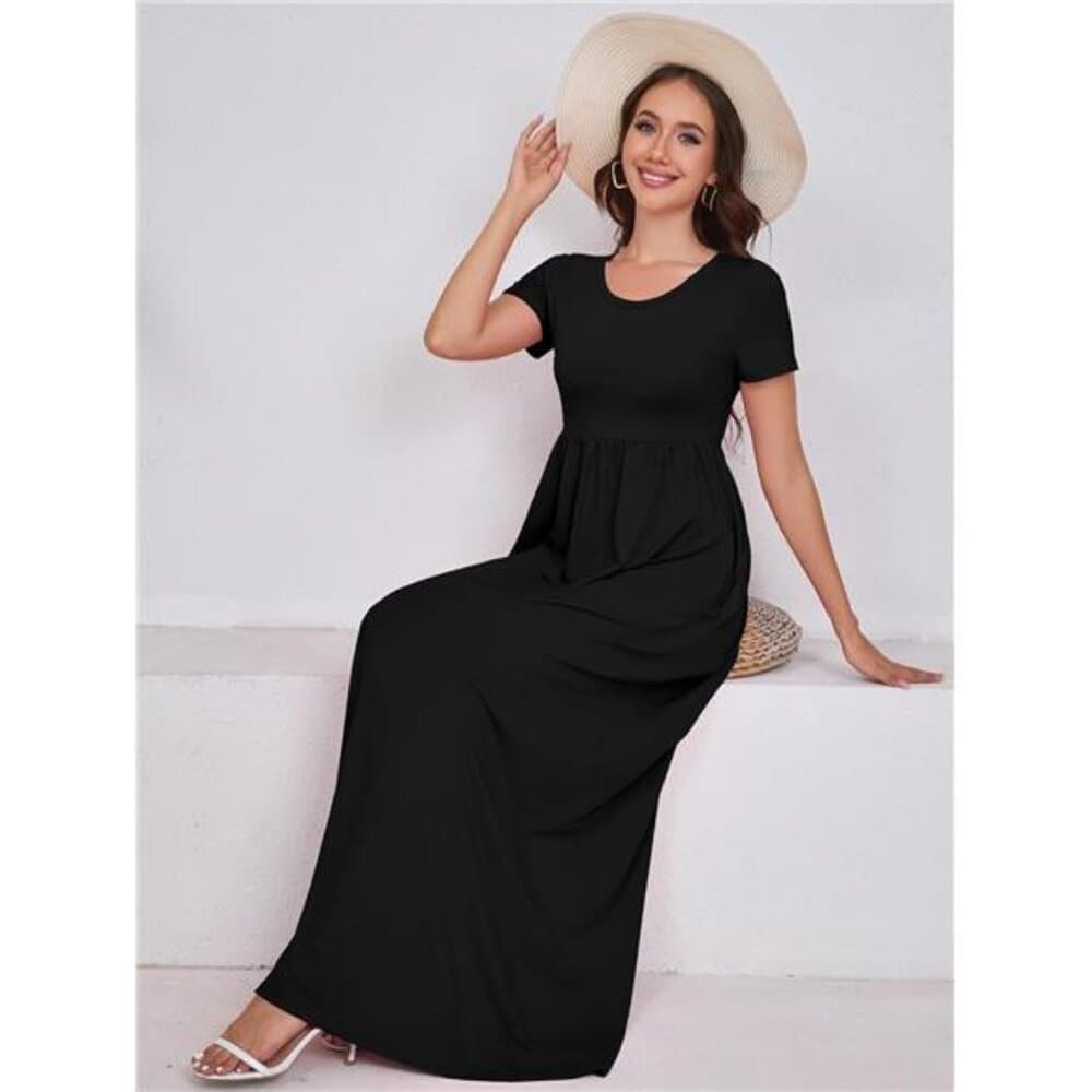 Maxi Dress for Women Short Sleeve Casual Summer Loose Plain Comfy Long - Thumbnail 3