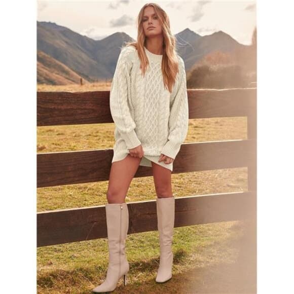 Sweater Dress Oversized Cable Knit Chunky Long Sleeve Short - Thumbnail 8