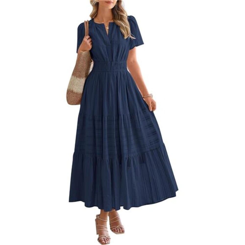 Casual Midi Maxi Dresses Lightweight Short Sleeve V