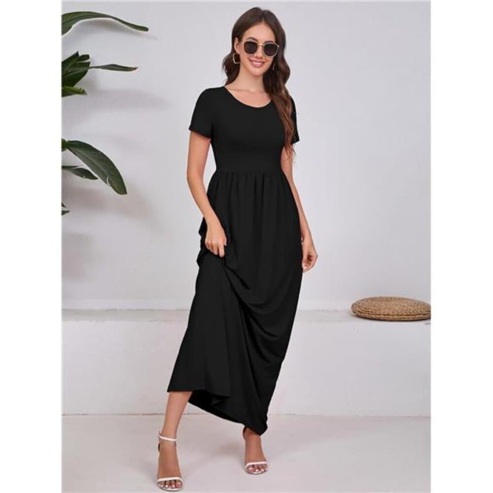 Maxi Dress for Women Short Sleeve Casual Summer Loose Plain Comfy Long - Thumbnail 4