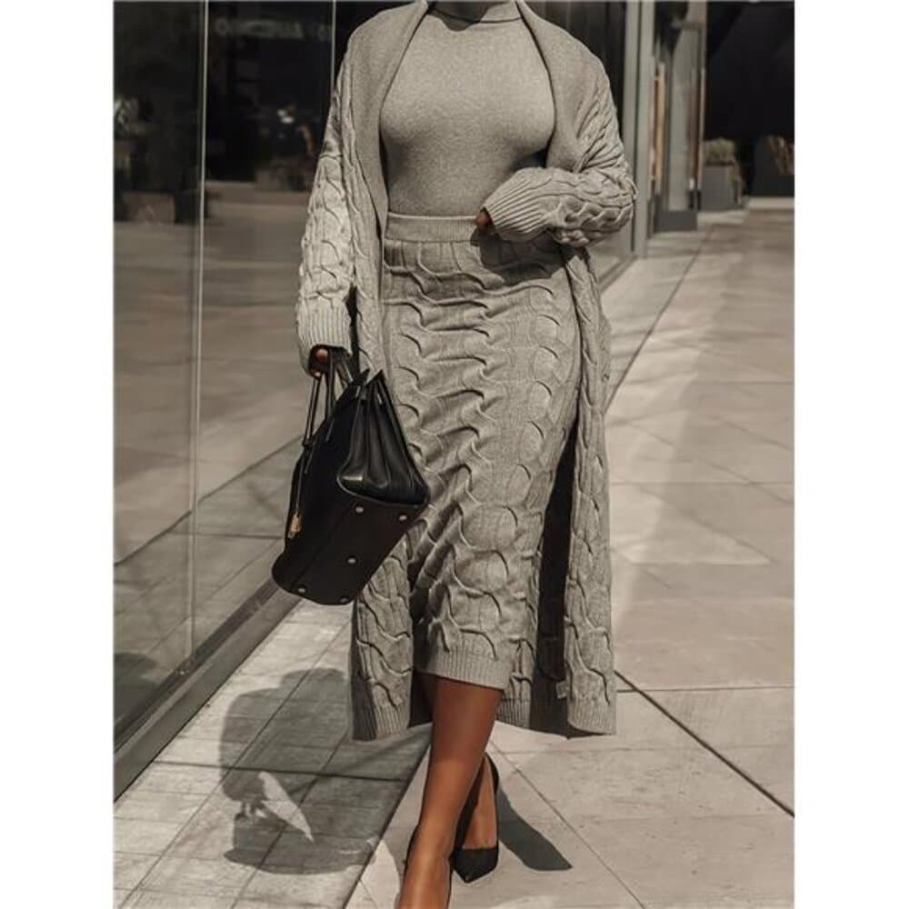 [Graceful Skirt Set] Long-Sleeve Open-Front Cardigan Skirt Set | Mid-Length