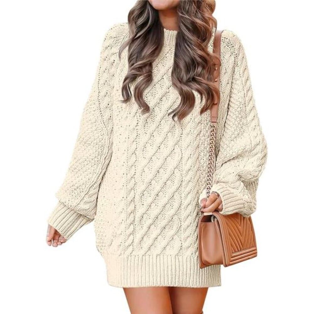 Sweater Dress Oversized Cable Knit Chunky Long Sleeve Short - Thumbnail 6