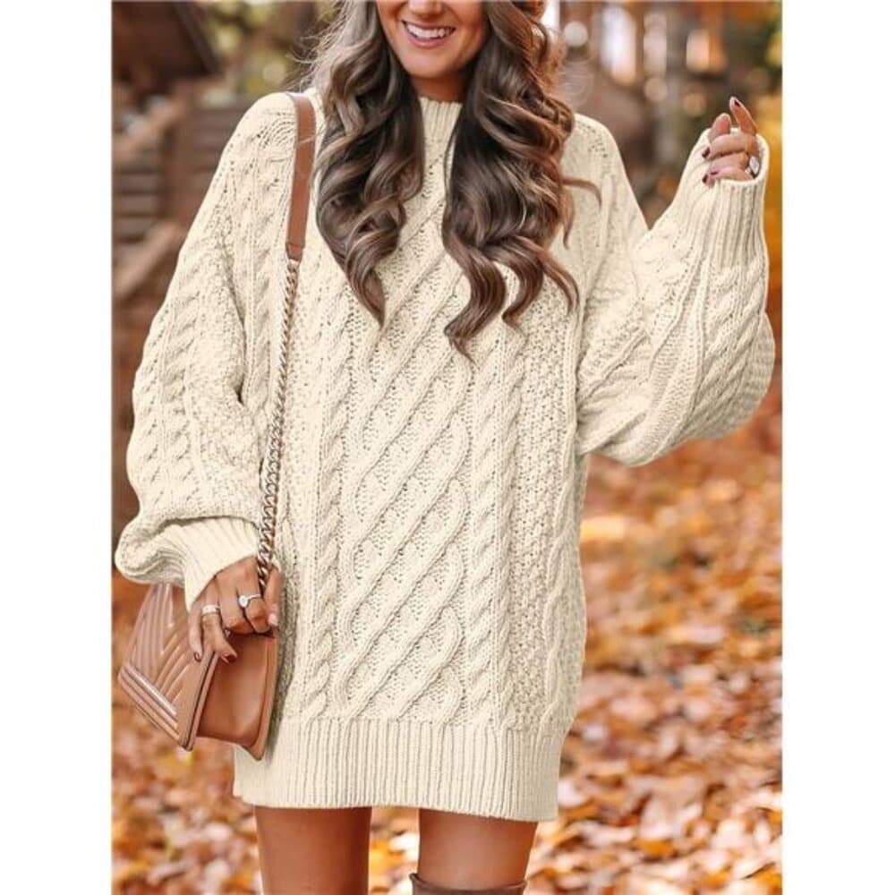 Sweater Dress Oversized Cable Knit Chunky Long Sleeve Short - Thumbnail 2