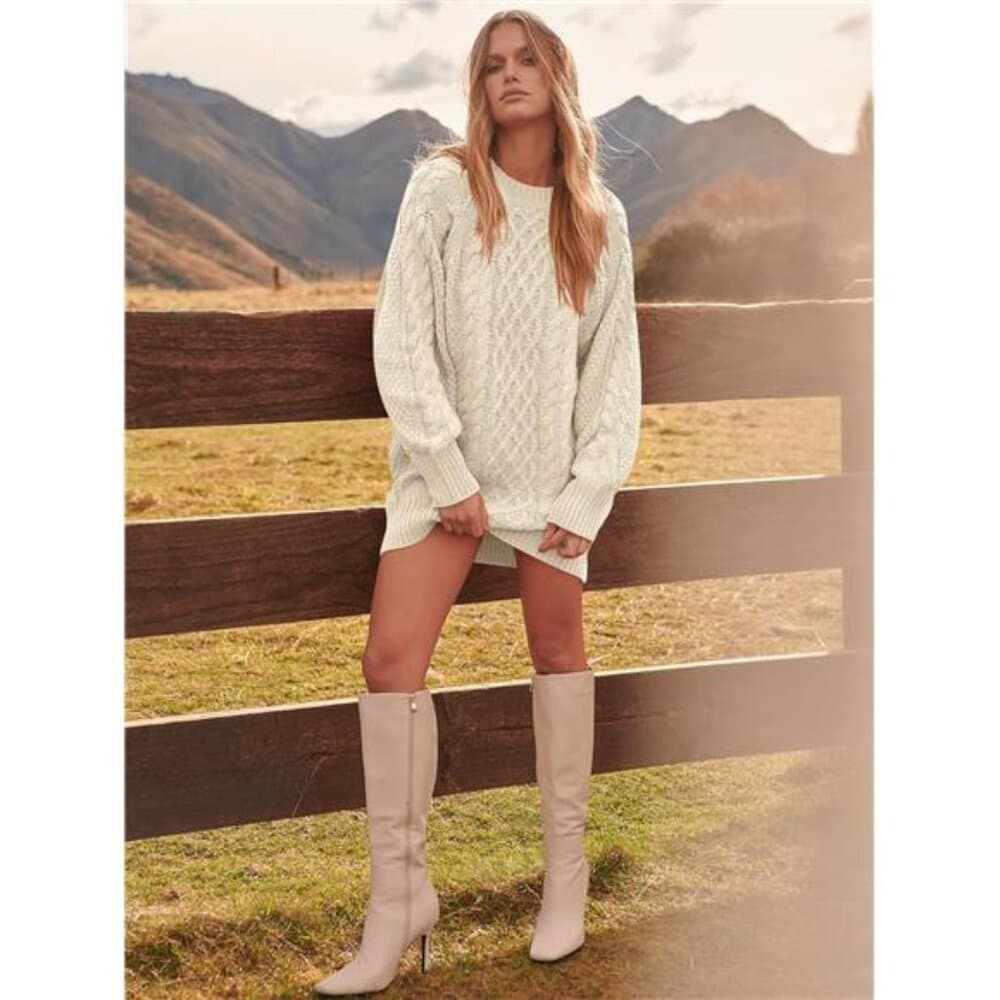 Sweater Dress Oversized Cable Knit Chunky Long Sleeve Short - Thumbnail 7