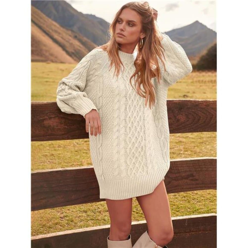 Sweater Dress Oversized Cable Knit Chunky Long Sleeve Short - Thumbnail 5
