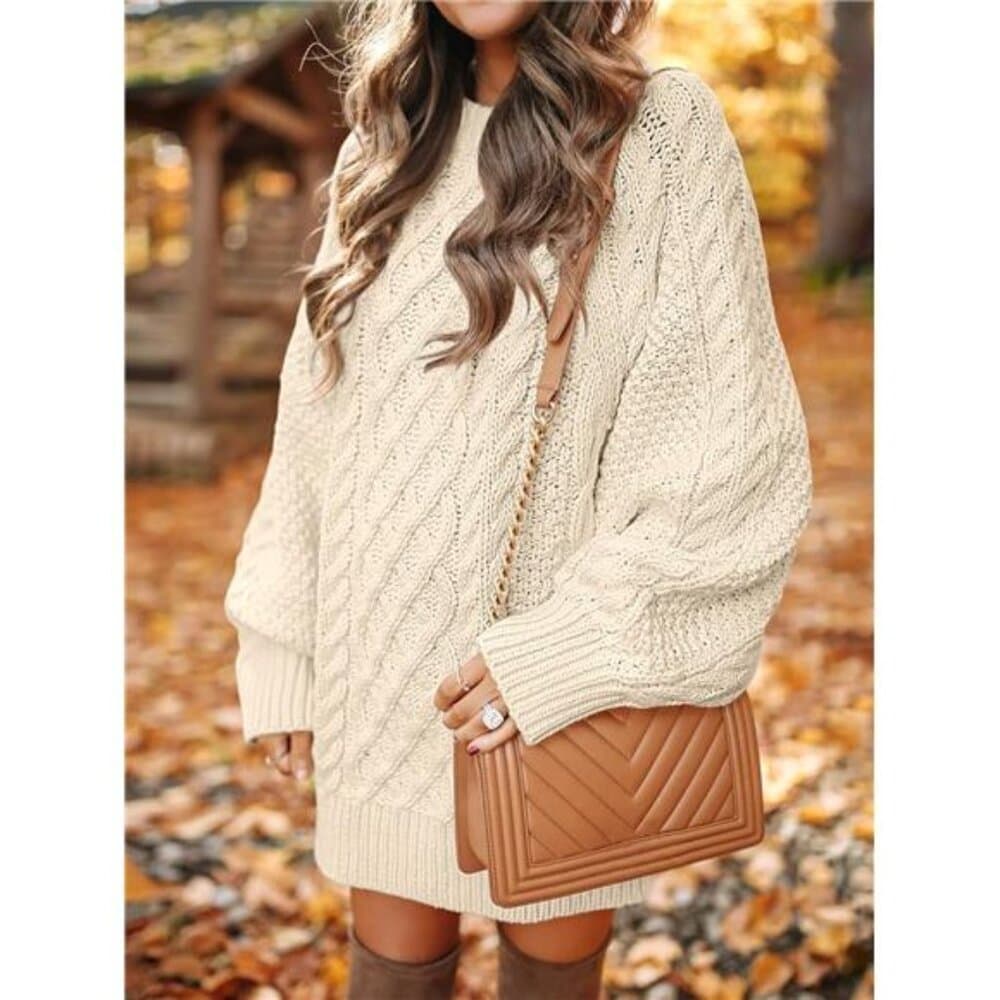 Sweater Dress Oversized Cable Knit Chunky Long Sleeve Short - Thumbnail 3