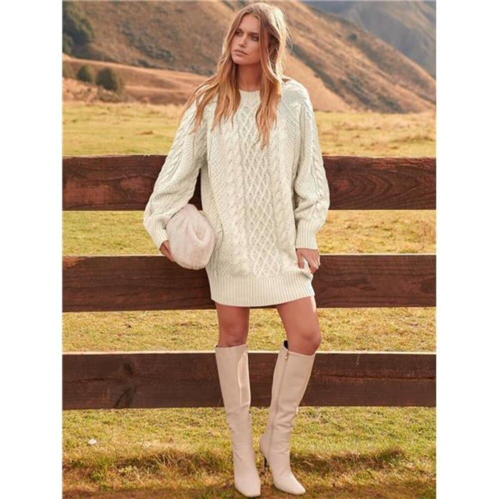 Sweater Dress Oversized Cable Knit Chunky Long Sleeve Short - Thumbnail 4