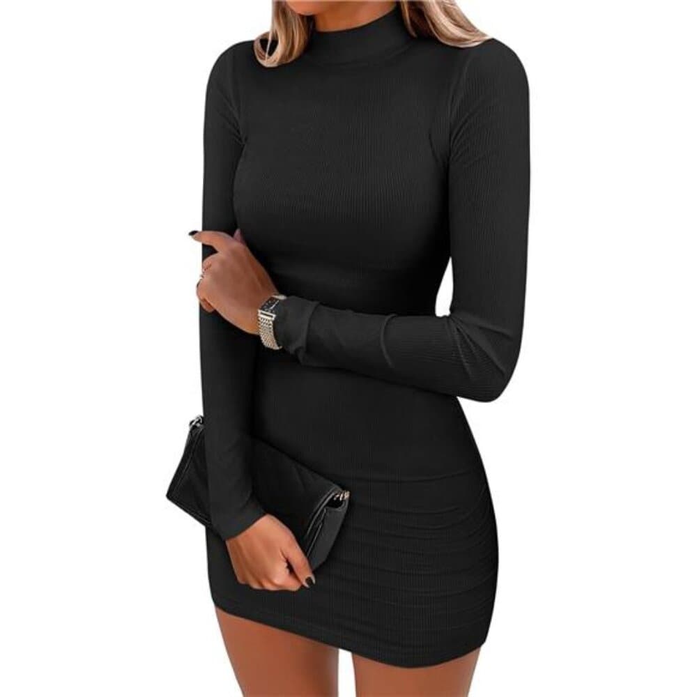 Women Long Sleeve Mock Neck Bodycon Mini Dress 2025 Fall Ribbed Slim
