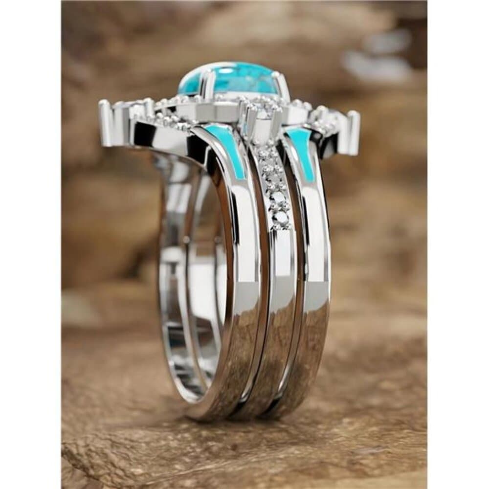 3pcs/Set Elegant Women Cubic Zirconia Ring Set With Turquoise Accents, Retro - Thumbnail 10