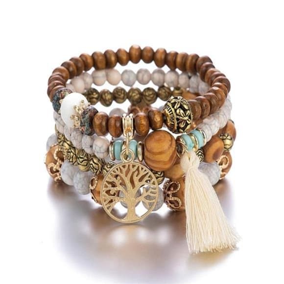 1set Bohemian Tassel & Hollow Out Tree Decor Beaded Bracelet For Women For Gift - Thumbnail 3