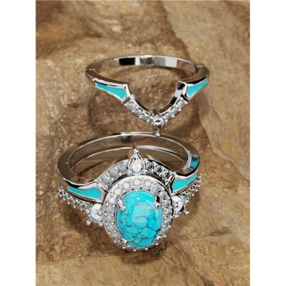 3pcs/Set Elegant Women Cubic Zirconia Ring Set With Turquoise Accents, Retro - Thumbnail 16