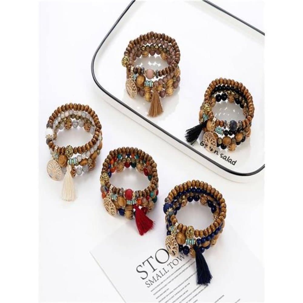 1set Bohemian Tassel & Hollow Out Tree Decor Beaded Bracelet For Women For Gift
