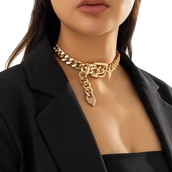 Gold Belt Buckle Choker, Chain Link, Exaggerated, Statement Necklace, … - Thumbnail 12