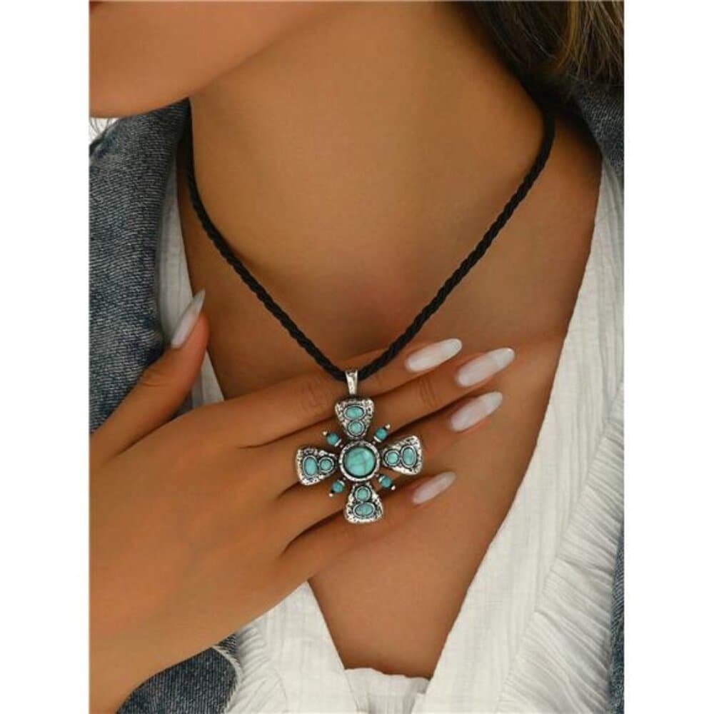 1pc Retro Bohemian Style Cross Pendant Necklace Inlaid With Turquoise, Suitable - Thumbnail 10
