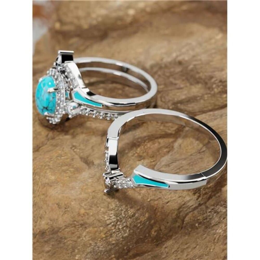 3pcs/Set Elegant Women Cubic Zirconia Ring Set With Turquoise Accents, Retro - Thumbnail 11