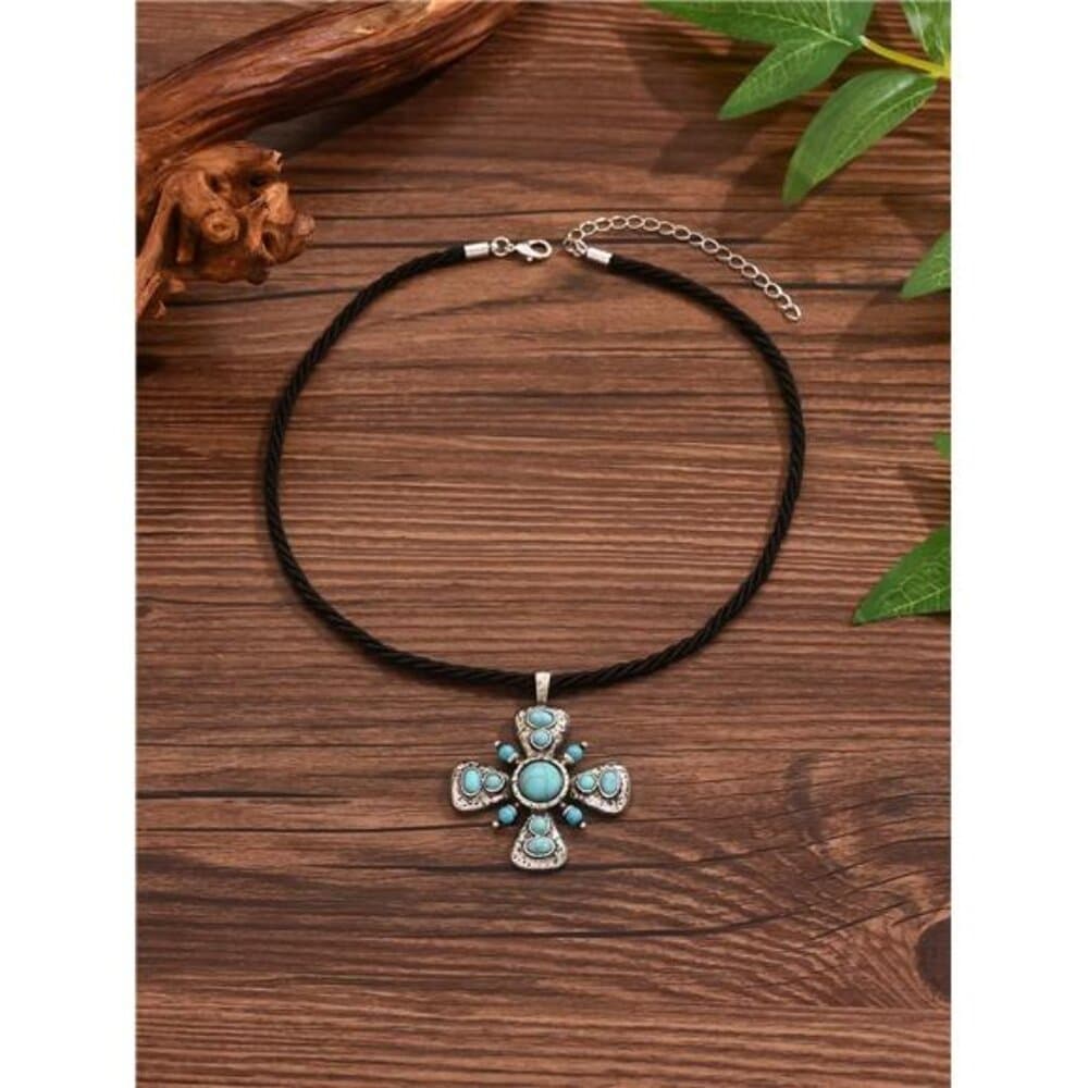 1pc Retro Bohemian Style Cross Pendant Necklace Inlaid With Turquoise, Suitable - Thumbnail 2