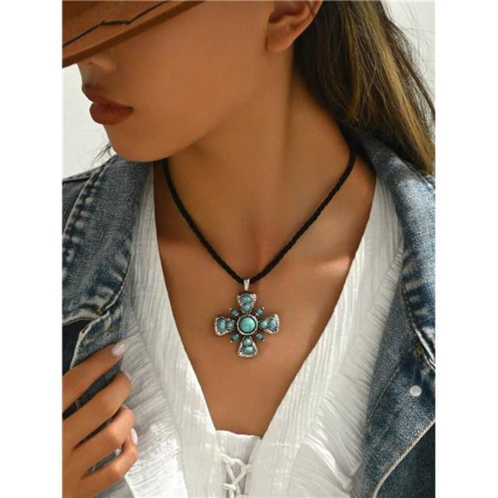 1pc Retro Bohemian Style Cross Pendant Necklace Inlaid With Turquoise, Suitable