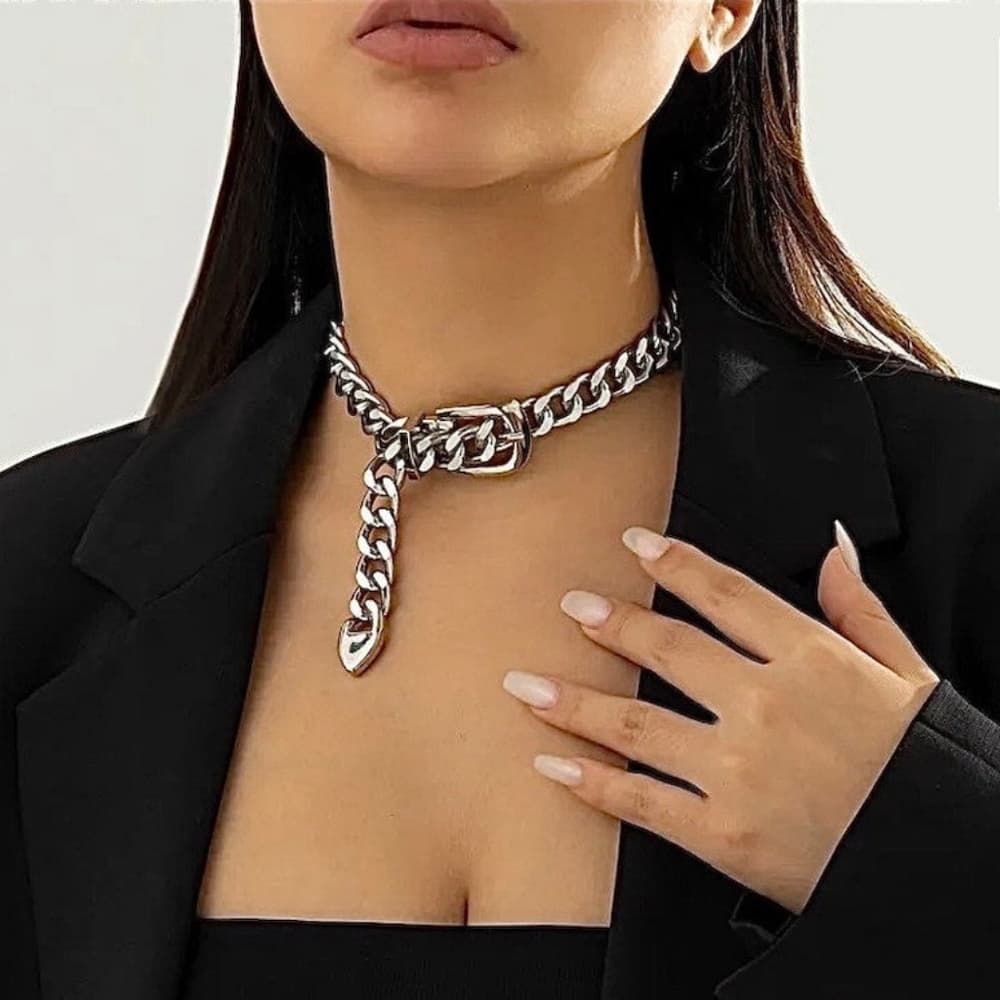 Gold Belt Buckle Choker, Chain Link, Exaggerated, Statement Necklace, … - Thumbnail 6