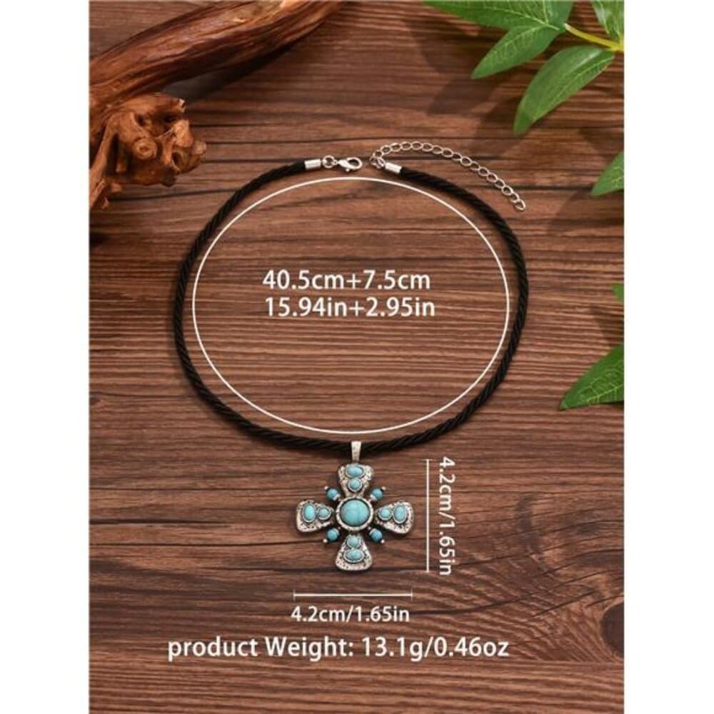 1pc Retro Bohemian Style Cross Pendant Necklace Inlaid With Turquoise, Suitable - Thumbnail 4