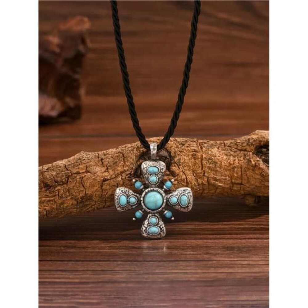 1pc Retro Bohemian Style Cross Pendant Necklace Inlaid With Turquoise, Suitable - Thumbnail 6
