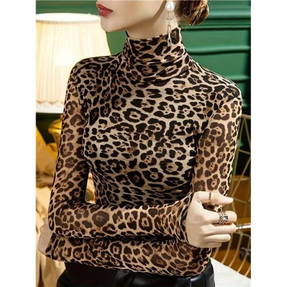 Women's Leopard Print Turtleneck T-Shirt Graphic Cheetah Print Tees - Thumbnail 5
