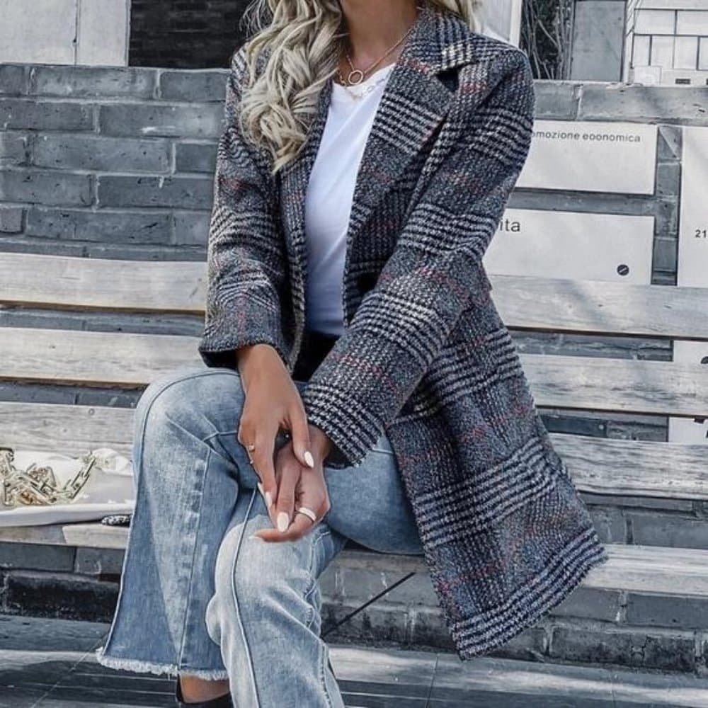 Cozy Plaid Button up Trench Pea Coat Jacket - Thumbnail 3