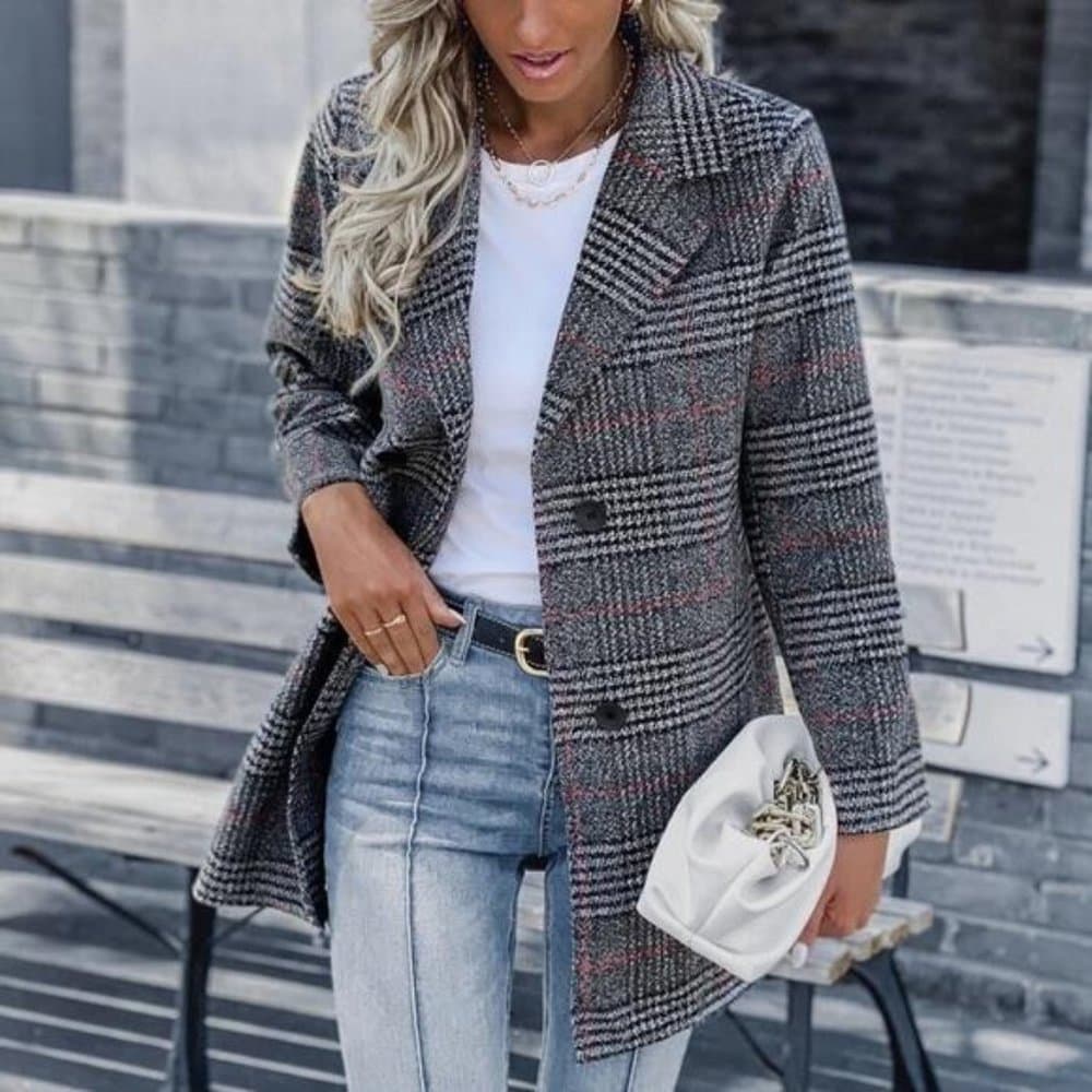 Cozy Plaid Button up Trench Pea Coat Jacket - Thumbnail 6