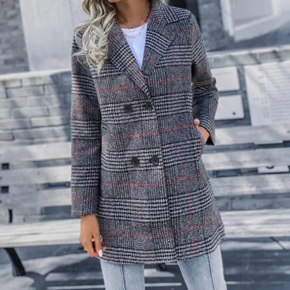 Cozy Plaid Button up Trench Pea Coat Jacket - Thumbnail 5