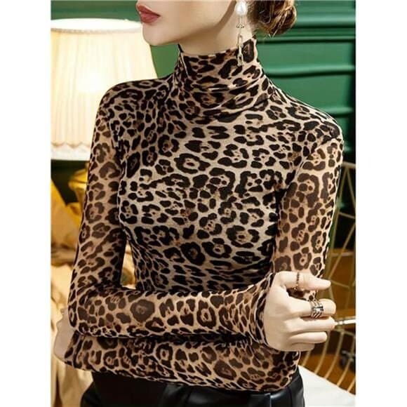 Women's Leopard Print Turtleneck T-Shirt Graphic Cheetah Print Tees - Thumbnail 6