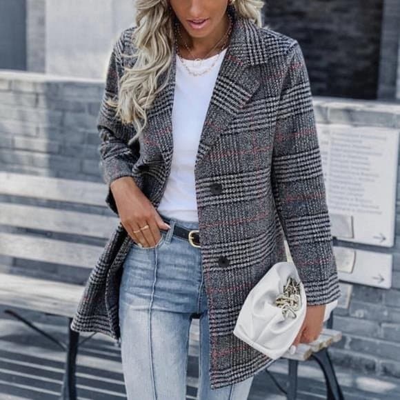 Cozy Plaid Button up Trench Pea Coat Jacket - Thumbnail 7