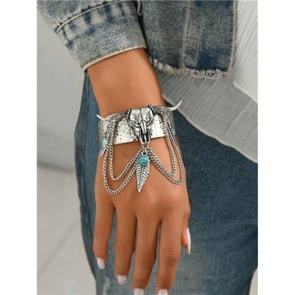 Retro New Vintage Turquoise Bull Head Bangle, High-End Bohemian Fashion - Thumbnail 6