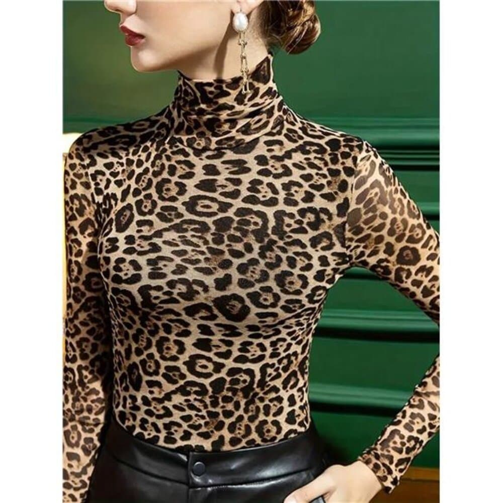 Women's Leopard Print Turtleneck T-Shirt Graphic Cheetah Print Tees - Thumbnail 4